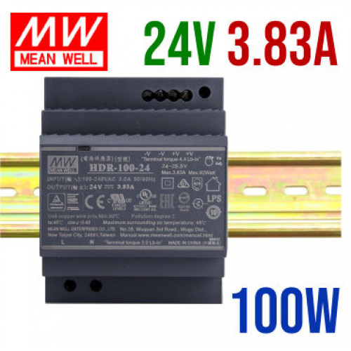 Mean Well HDR-100-24 DIN Rail Power Supply - 100W 24V DC Industrial Power Unit