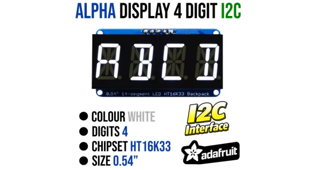 Adafruit Aphanumeric Display, I2C 4 Digit, White Adafruit Aphanumeric Display, I2C 4 Digit, White