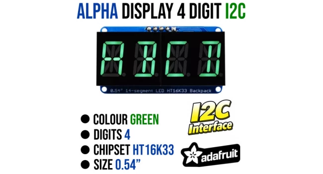 Alphanumeric Display, I2C 4 Digit, Green Alphanumeric Display, I2C 4 Digit, Green