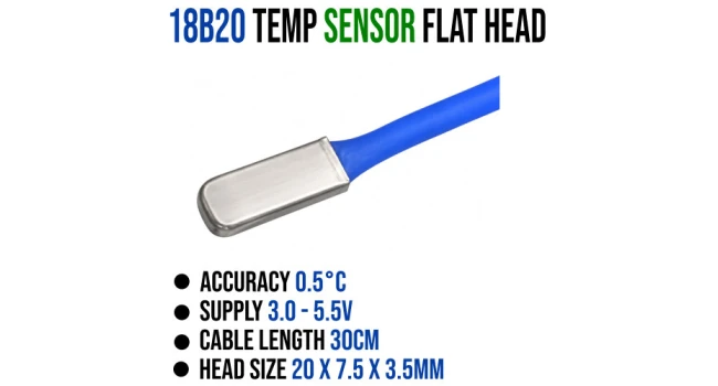 18B20 Digital Temperature Sensor, Flat Head, 30cm cable