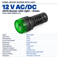 AD16 Buzzer with Light - Green 12V AD16 Buzzer with Light - Green 12V