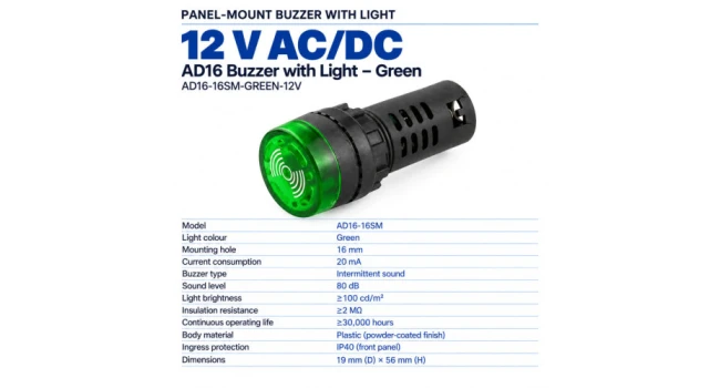 AD16 Buzzer with Light - Green 12V AD16 Buzzer with Light - Green 12V