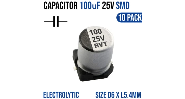 Capacitor 100uF 25V Electrolytic Aluminium SMD 6.3x7.7mm (10 Pack) Capacitor 100uF 25V Electrolytic Aluminium SMD 6.3x7.7mm (10 Pack)