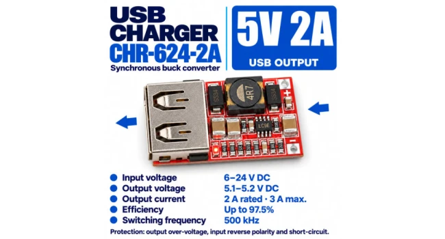 Step Down Buck Voltage Regulator Input 6-24V, Output 5V 2A USB A Step Down Buck Voltage Regulator Input 6-24V, Output 5V 2A USB A