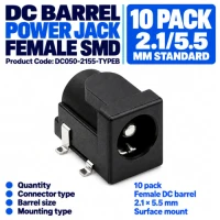 DC Barrel Power Jack, Female, SMD, 2155 Standard, 10 Pack DC Barrel Power Jack, Female, SMD, 2155 Standard, 10 Pack