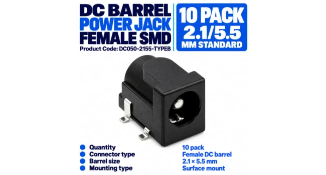 DC Barrel Power Jack, Female, SMD, 2155 Standard, 10 Pack