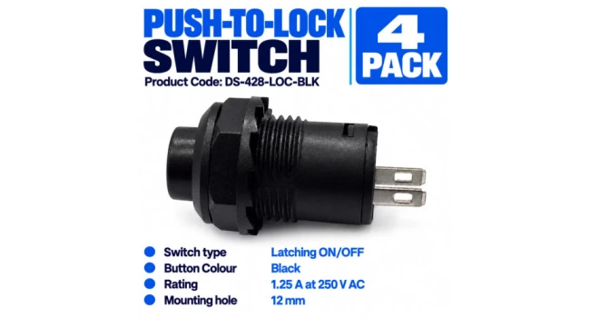 DS-428 Black Push-to-Lock Switch – 4 Pack