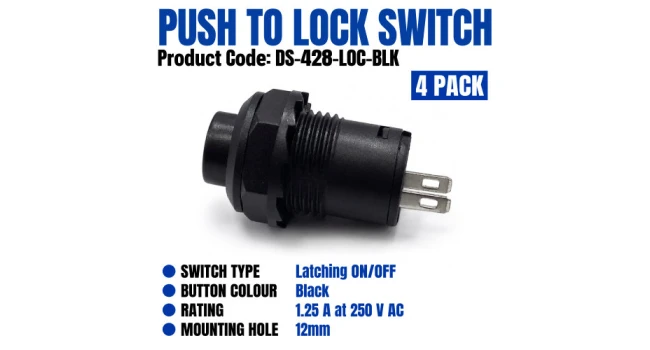 DS-428 Black Push-to-Lock Switch – 4 Pack