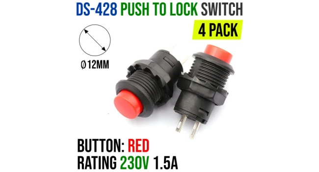 DS-428 Switch Push to Lock Red 1.25A 250V (4 Pack) DS-428 Switch Push to Lock Red 1.25A 250V (4 Pack)