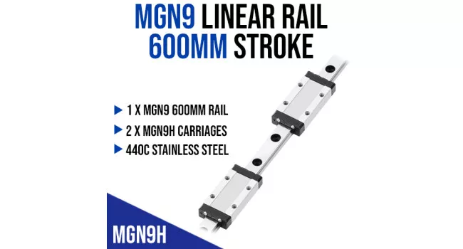 MGN9 Linear Rail with 2 MGN9H Carriages - 600mm Stroke
