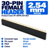 Header Female 30 Pin 2.54mm Pitch Black (10 Pack) Header Female 30 Pin 2.54mm Pitch Black (10 Pack)