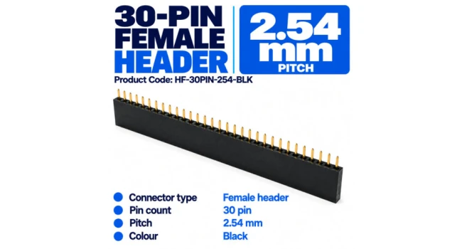 Header Female 30 Pin 2.54mm Pitch Black (10 Pack) Header Female 30 Pin 2.54mm Pitch Black (10 Pack)