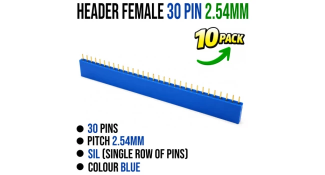 Header Female 30 Pin 2.54mm Pitch Blue (10 Pack) Header Female 30 Pin 2.54mm Pitch Blue (10 Pack)