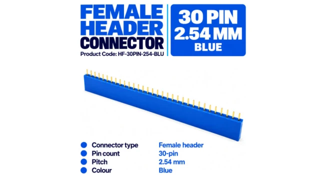 Header Female 30 Pin 2.54mm Pitch Blue (10 Pack) Header Female 30 Pin 2.54mm Pitch Blue (10 Pack)