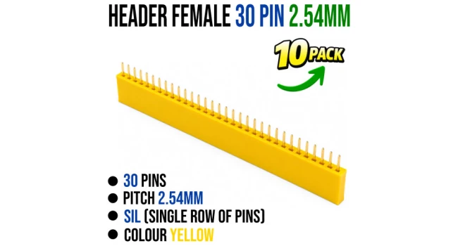 Header Female 30 Pin 2.54mm Pitch Yellow (10 Pack) Header Female 30 Pin 2.54mm Pitch Yellow (10 Pack)