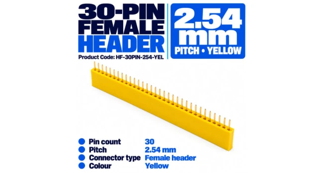 Header Female 30 Pin 2.54mm Pitch Yellow (10 Pack) Header Female 30 Pin 2.54mm Pitch Yellow (10 Pack)