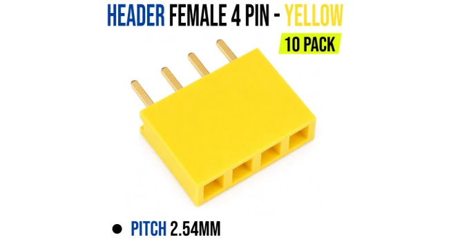Header Female 4 Pin Pitch 2.54mm - Yellow (10 Pack) Header Female 4 Pin Pitch 2.54mm - Yellow (10 Pack)