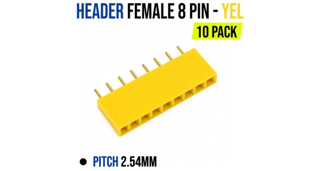 Header Female 8 Pin Pitch 2.54mm - Yellow (10 Pack) Header Female 8 Pin Pitch 2.54mm - Yellow (10 Pack)