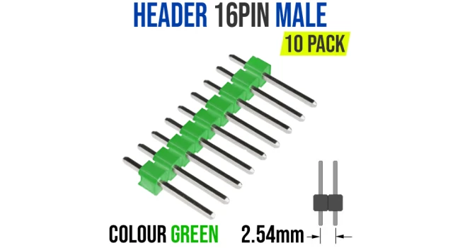 Header 16 Way Male Header Connector - Green (10 Pack) Header 16 Way Male Header Connector - Green (10 Pack)