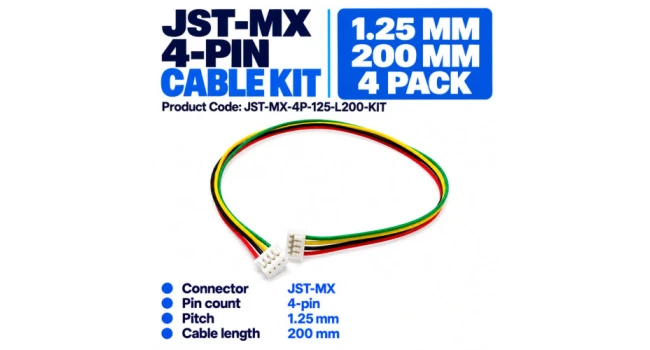 JST-MX 4 Pin 1.25mm Pitch 200mm Length Kit (4 Pack) JST-MX 4 Pin 1.25mm Pitch 200mm Length Kit (4 Pack)