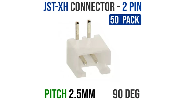 JST-XH 2.5mm 2 Pin Connector 90 Deg (50 Pack) JST-XH 2.5mm 2 Pin Connector 90 Deg (50 Pack)