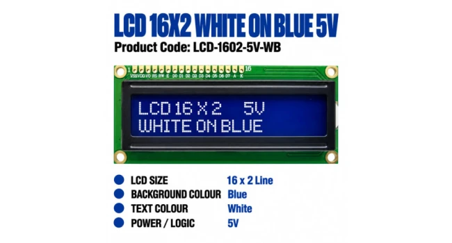 LCD 16x2 Display White on Blue 5V