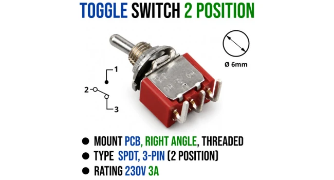 Toggle Switch 2-Position SPDT 3-Pin Right-Angle 250 VAC 3A Toggle Switch 2-Position SPDT 3-Pin Right-Angle 250 VAC 3A
