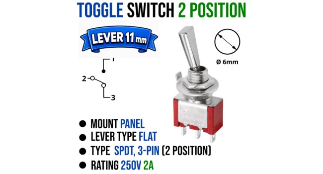 Toggle Switch 2-Position SPDT 3-Pin Right-Angle 250 VAC 2A Toggle Switch 2-Position SPDT 3-Pin Right-Angle 250 VAC 2A