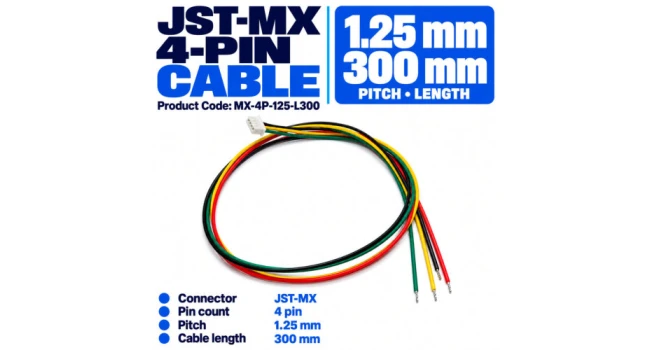JST-MX Cable 4 Pin 1.25mm Pitch 300mm Length (4 Pack) JST-MX Cable 4 Pin 1.25mm Pitch 300mm Length (4 Pack)