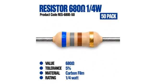 Resistor 680 Ohm 0.25W (50 Pack) Resistor 680 Ohm 0.25W (50 Pack)