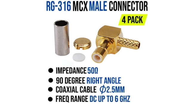 MCX Male Right Angle Crimp Connector for RG-316 Cable (4 Pack) MCX Male Right Angle Crimp Connector for RG-316 Cable (4 Pack)