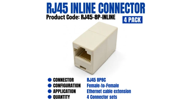 RJ45 8P8C Inline Connector (4 Pack) RJ45 8P8C Inline Connector (4 Pack)