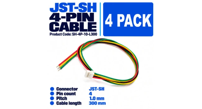 JST-SH 4 Pin 1.0mm Pitch 300mm Length Cable (4 Pack)