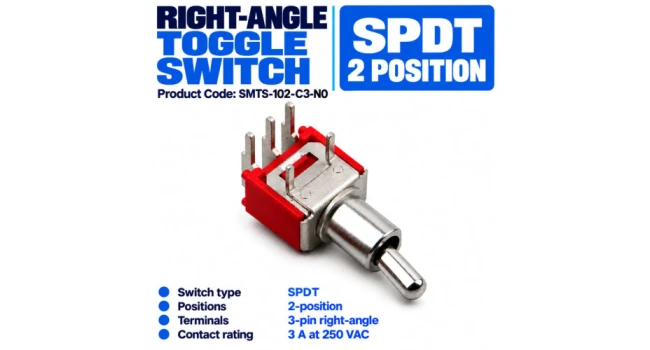 Toggle Switch 2-Position SPDT 3-Pin Right-Angle 250 VAC 3A Toggle Switch 2-Position SPDT 3-Pin Right-Angle 250 VAC 3A