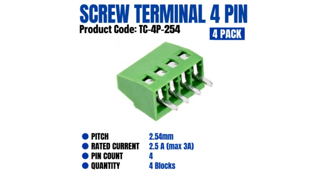 KF120 Screw Terminal Block 4 Pin - 2.54mm (4 Pack) KF120 Screw Terminal Block 4 Pin - 2.54mm (4 Pack)