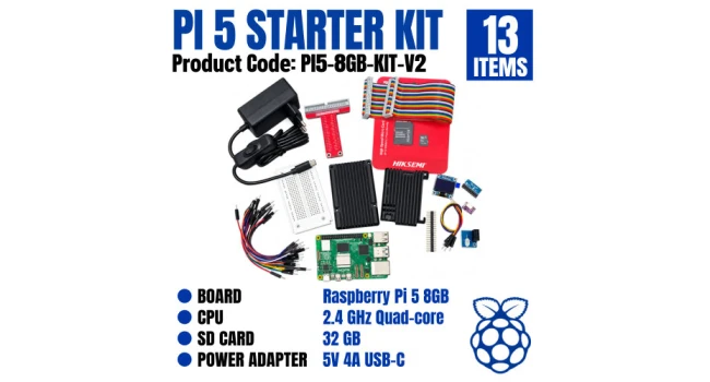 Raspberry Pi5 8GB Kit V2 - (12 Items Included) 