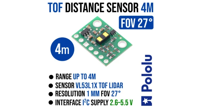 Pololu VL53L1X Time of Flight Distance Sensor with Regulator, Range 4m Pololu VL53L1X Time of Flight Distance Sensor with Regulator, Range 4m
