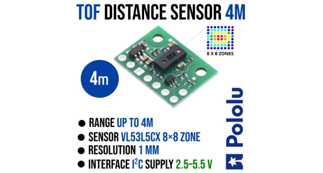 Pololu VL53L5CX Time of Flight 8x8 Zone Distance Sensor, Range 4m Pololu VL53L5CX Time of Flight 8x8 Zone Distance Sensor, Range 4m
