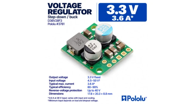 Pololu Buck Regulator, Vin 4.5-50V, Vout 3.3V 3.6A Pololu Buck Regulator, Vin 4.5-50V, Vout 3.3V 3.6A