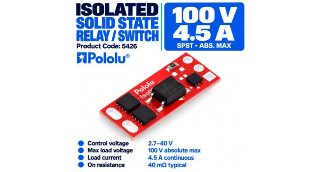 Pololu Isolated Solid State Relay/Switch, SPST, 100V, 4.5A Pololu Isolated Solid State Relay/Switch, SPST, 100V, 4.5A
