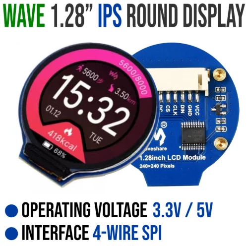 Waveshare 1.28 Inch SPI Round LCD Display For Raspberry Pi Zero 2 W / 3B / 4 - No Touch